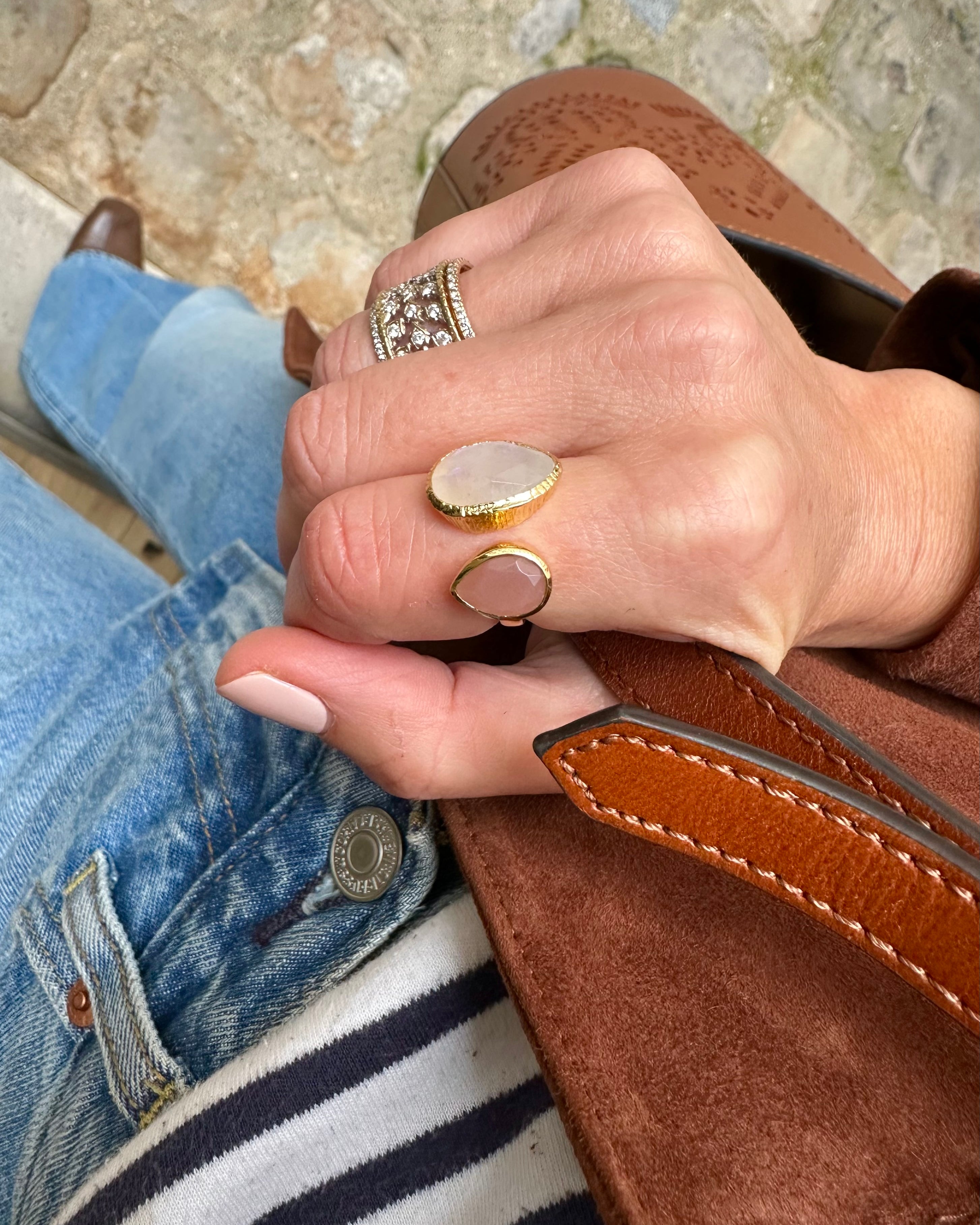 Bague toi & moi nacre blanche et pierre de lune pêche