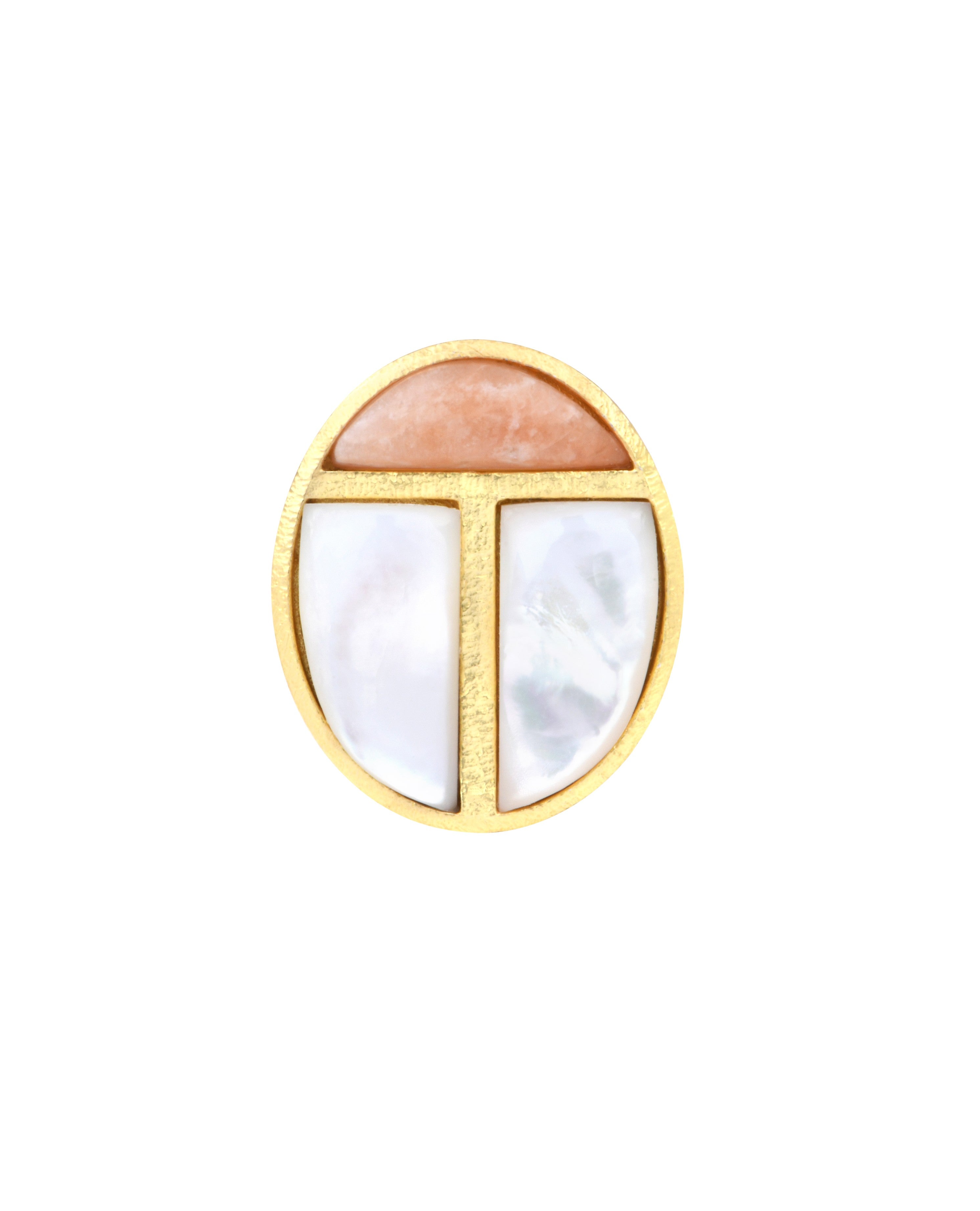 Bague scarabée nacre blanche et pierre de lune pêche