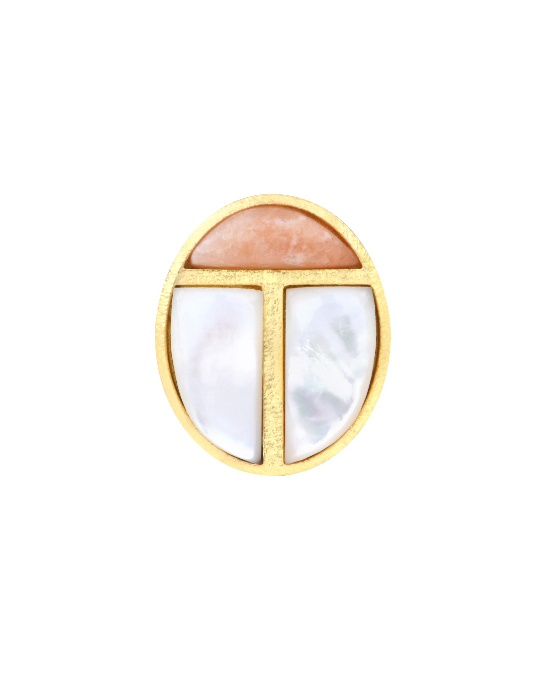 Bague scarabée nacre blanche et pierre de lune pêche