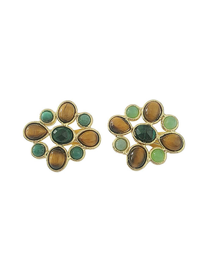 Boucles d'oreilles clip oeil de tigre, malachite et aventurine