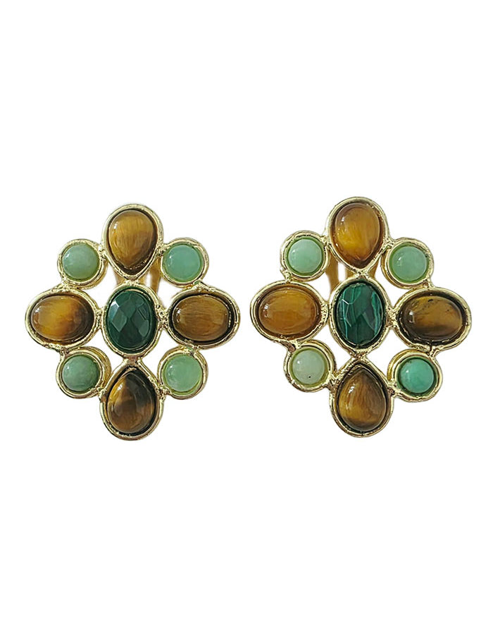 Tiger's eye, malachite and aventurine clip-on earrings