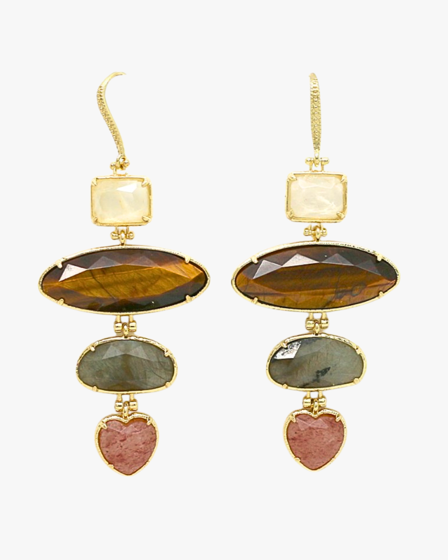 Boucles d'oreilles multi-rangs labradorite et oeil de tigre