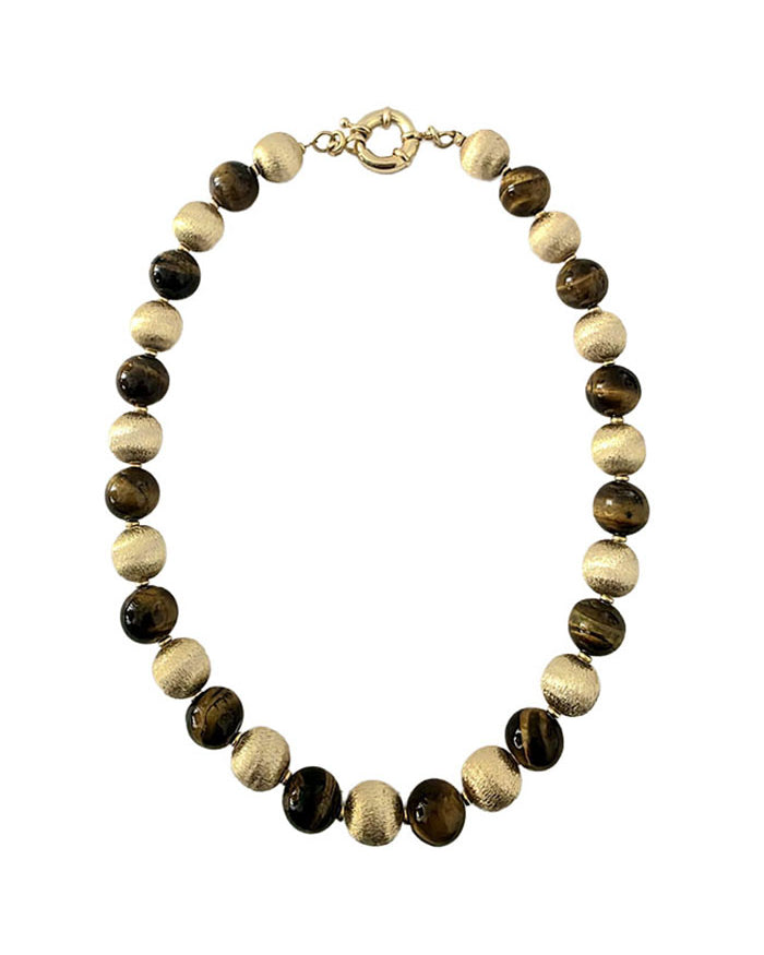 Collier boules or et oeil de tigre
