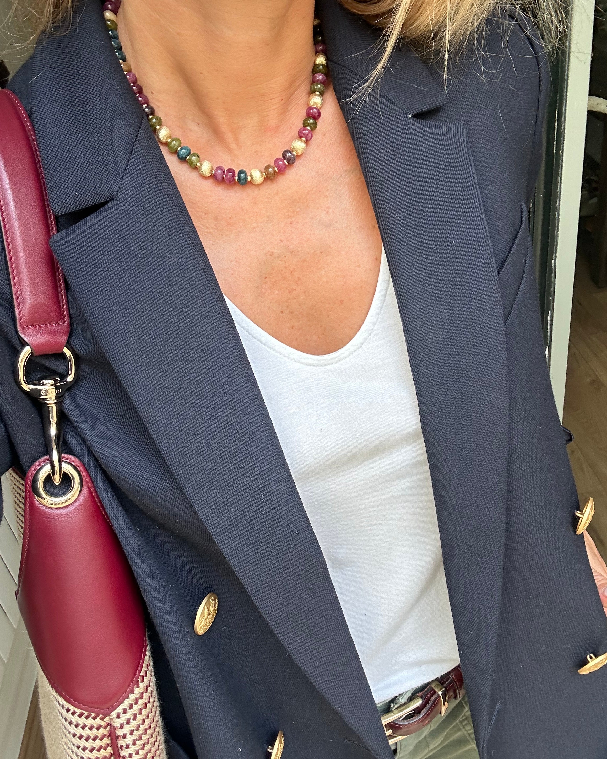 Multicolored tourmaline necklace with gold beads