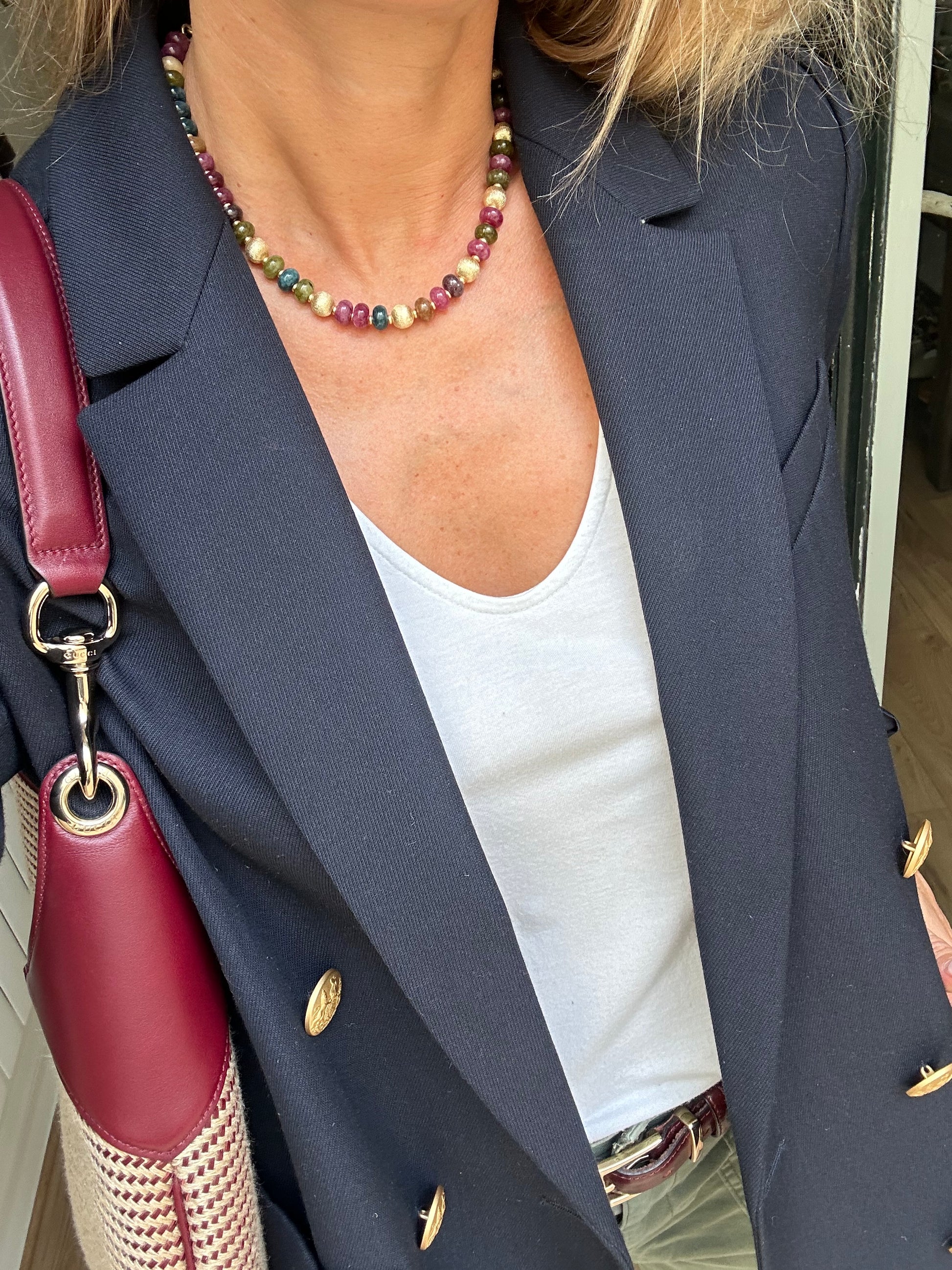 Multicolored tourmaline necklace with gold beads