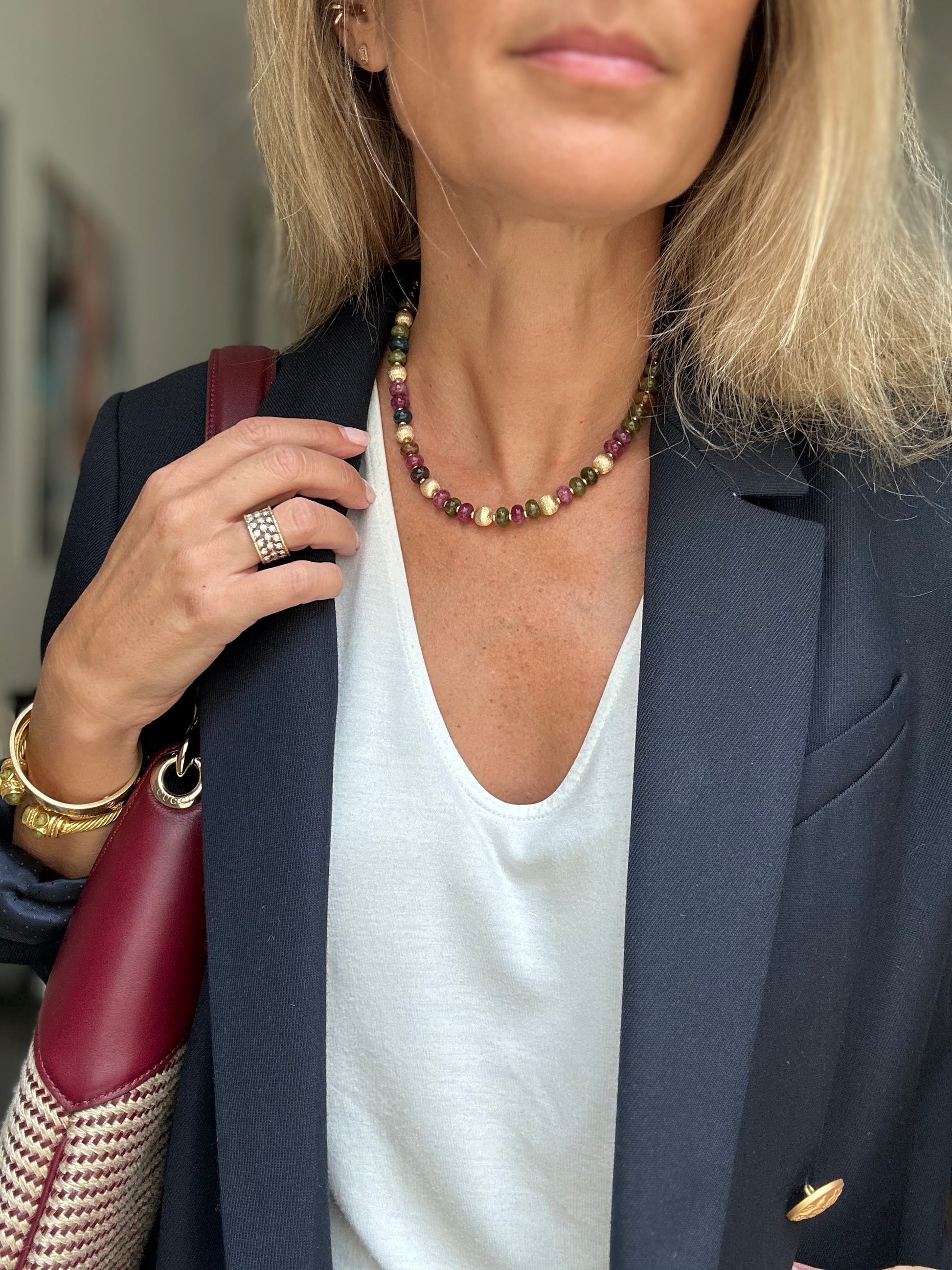 Multicolored tourmaline necklace with gold beads