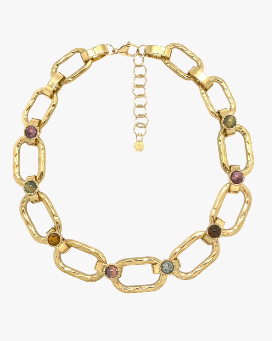 Collier chaine anneaux et multi-pierres