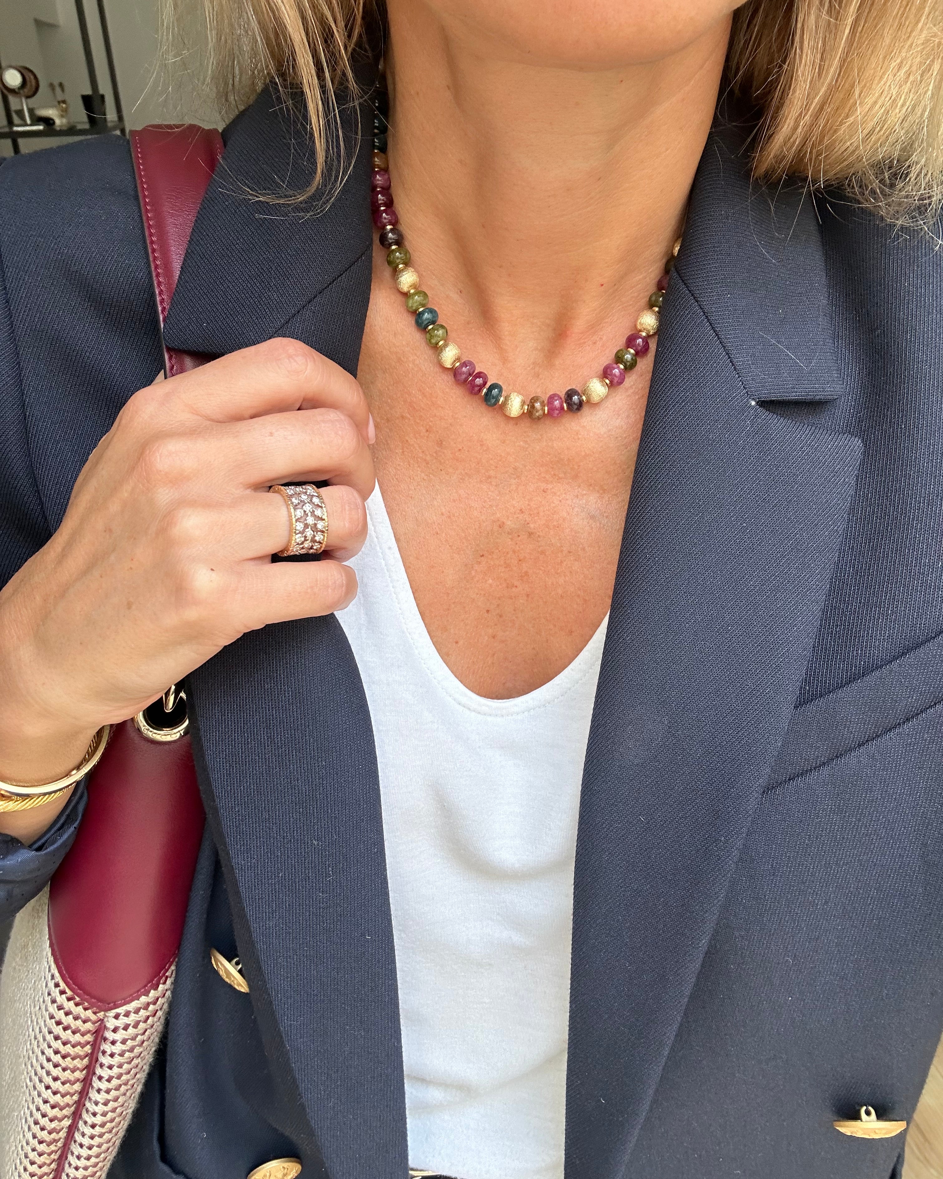 Multicolored tourmaline necklace with gold beads