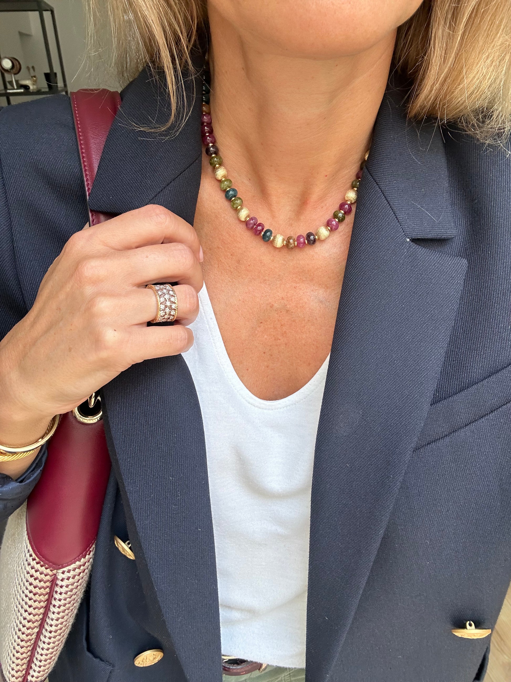 Multicolored tourmaline necklace with gold beads