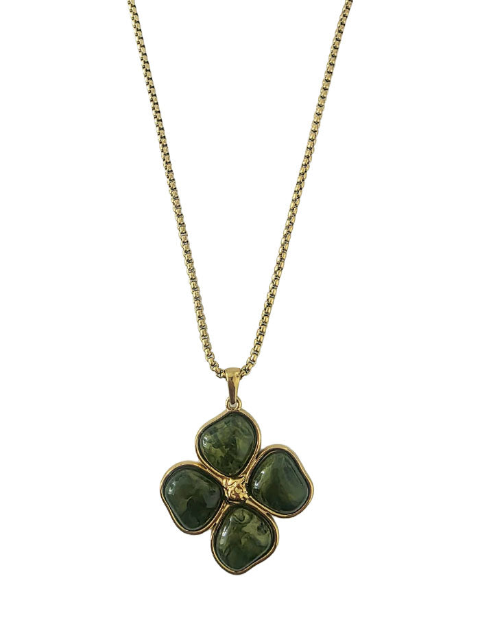 Dark green glass bead clover necklace