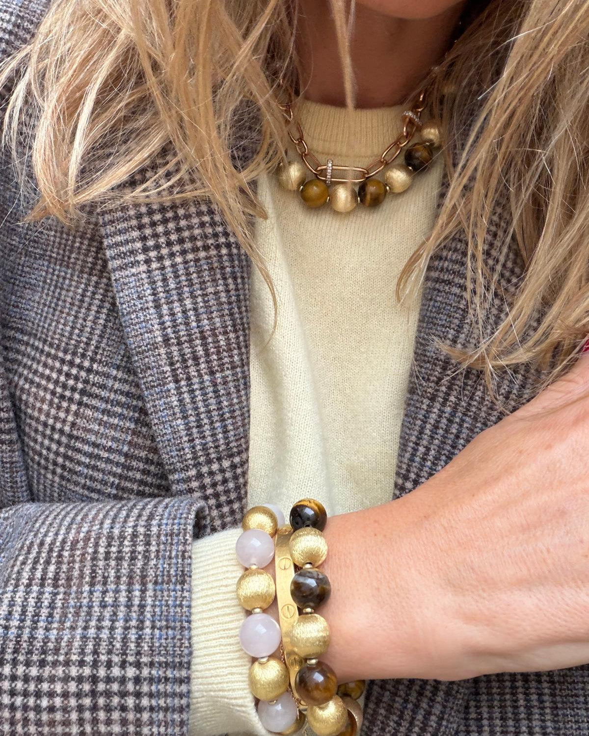 Bracelet boules or et quartz rose