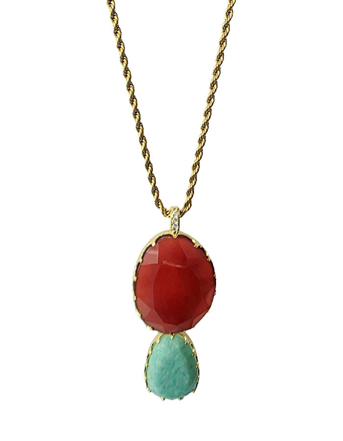 Sautoir cabochons cornaline et amazonite