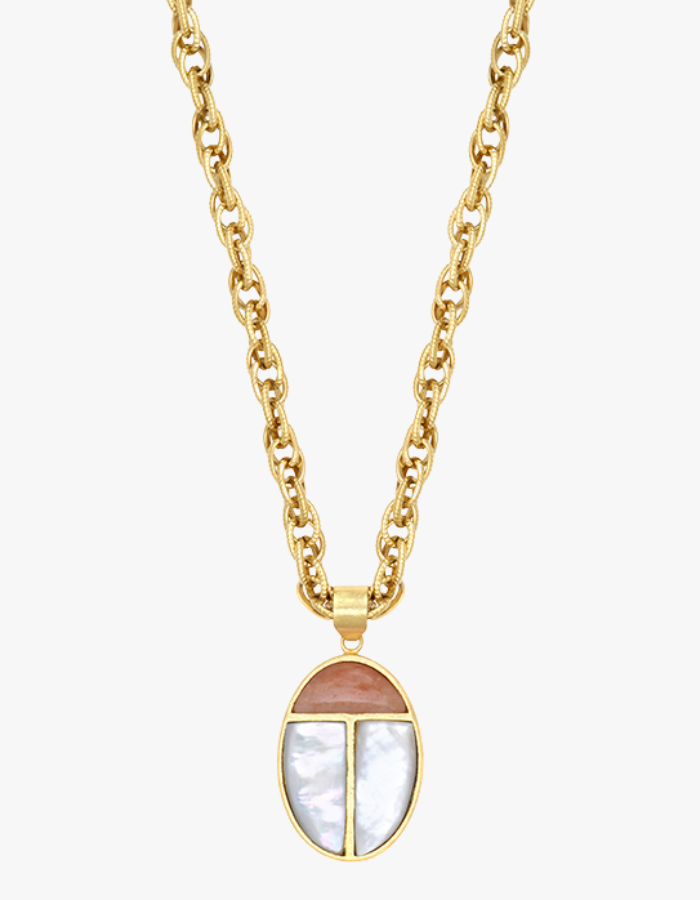 Beetle with white mother-of-pearl and peach moonstone long necklace 