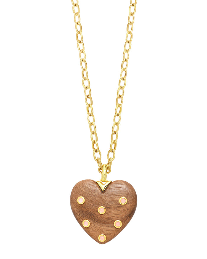 Sautoir cœur bois quartz rose