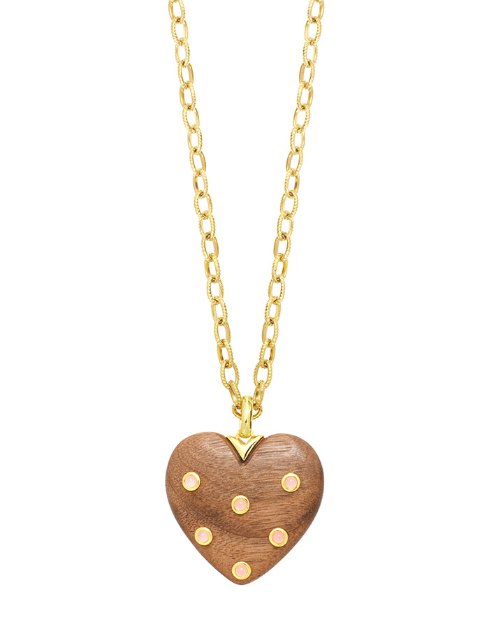 Sautoir cœur bois quartz rose