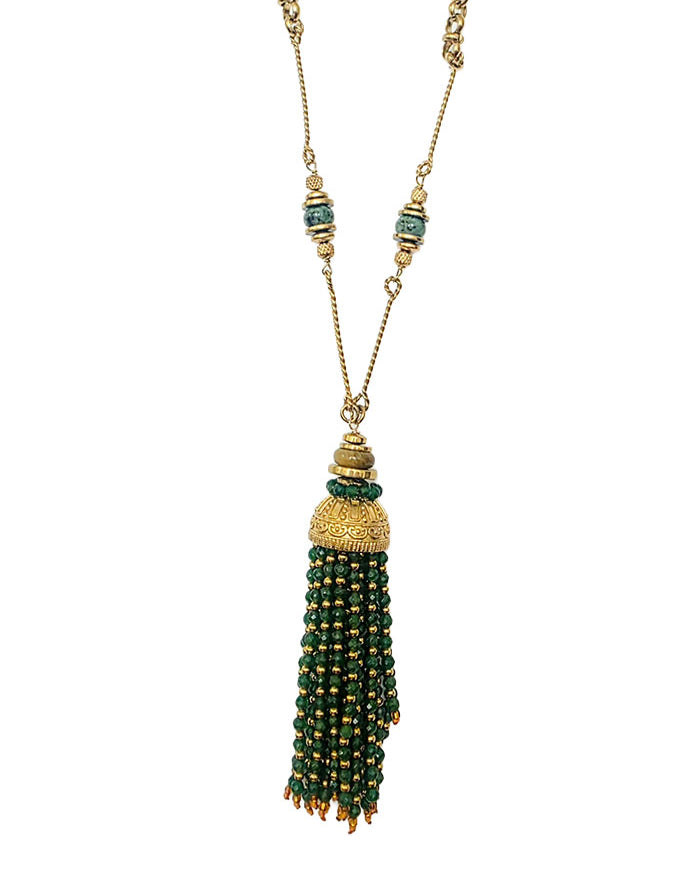 Green stone pompom long necklace