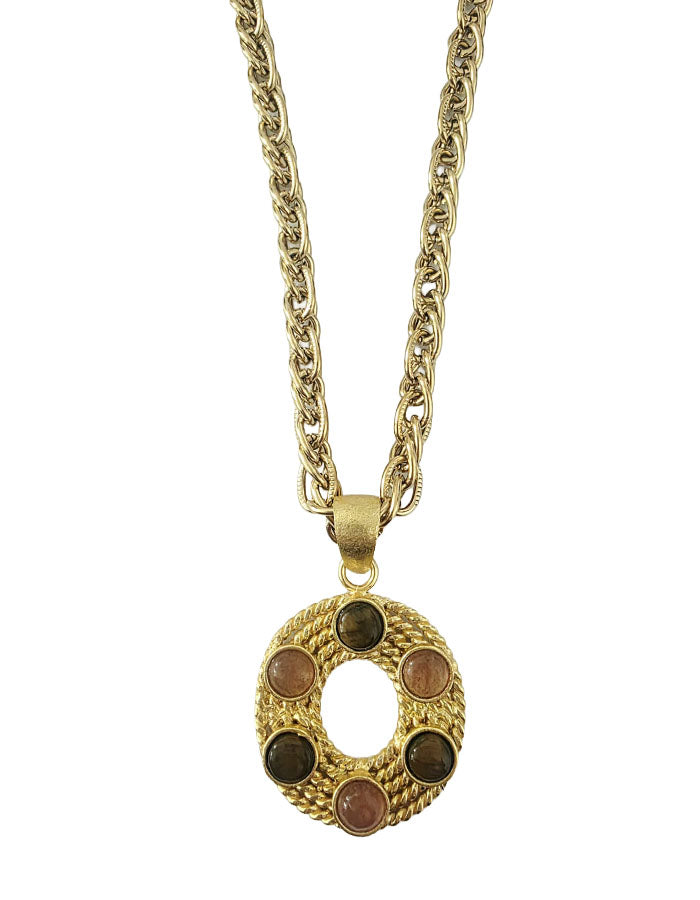 Tiger's eye and strawberry quartz medallion long necklace