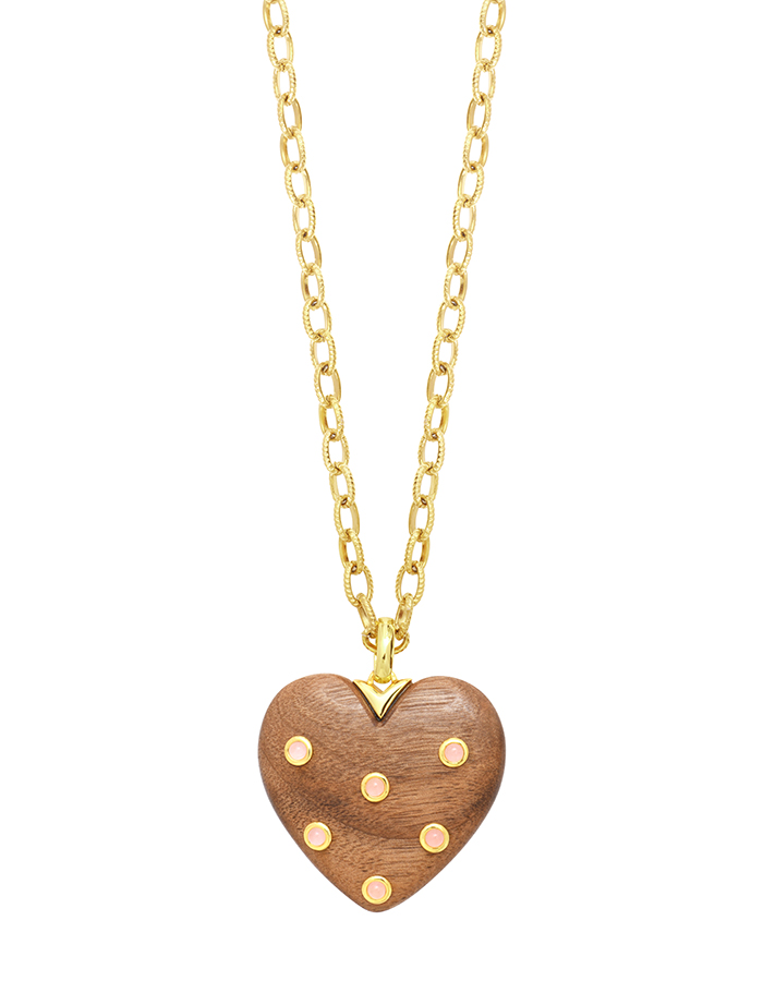 Sautoir coeur bois quartz rose Tilleul